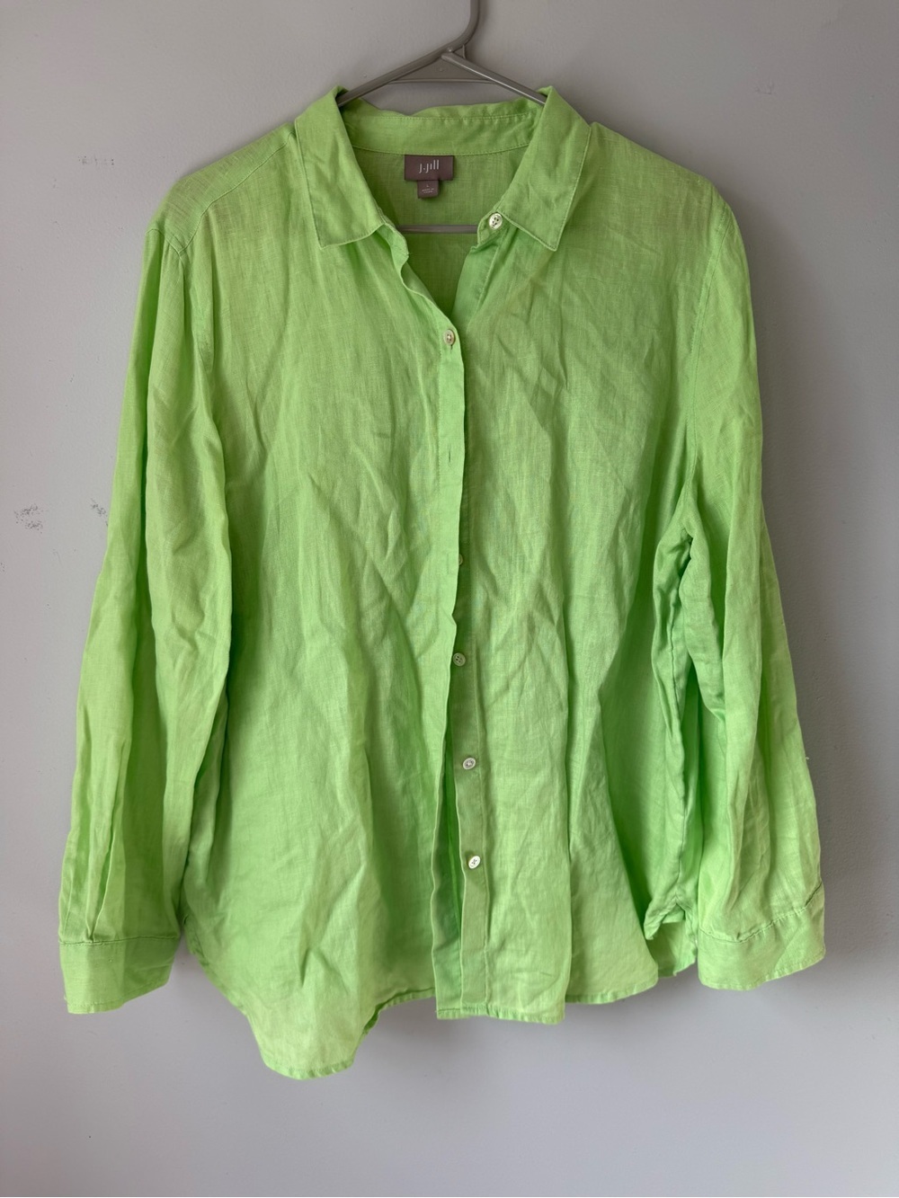 J. Jill Lime Green Linen Button Up Shirt Long Sleeve Hippie Boho Size L